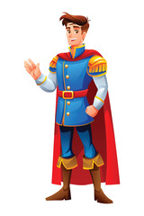 Prince in royal outfit with a cape, gesturing waving hand and smiling. Vector cartoon character illustration