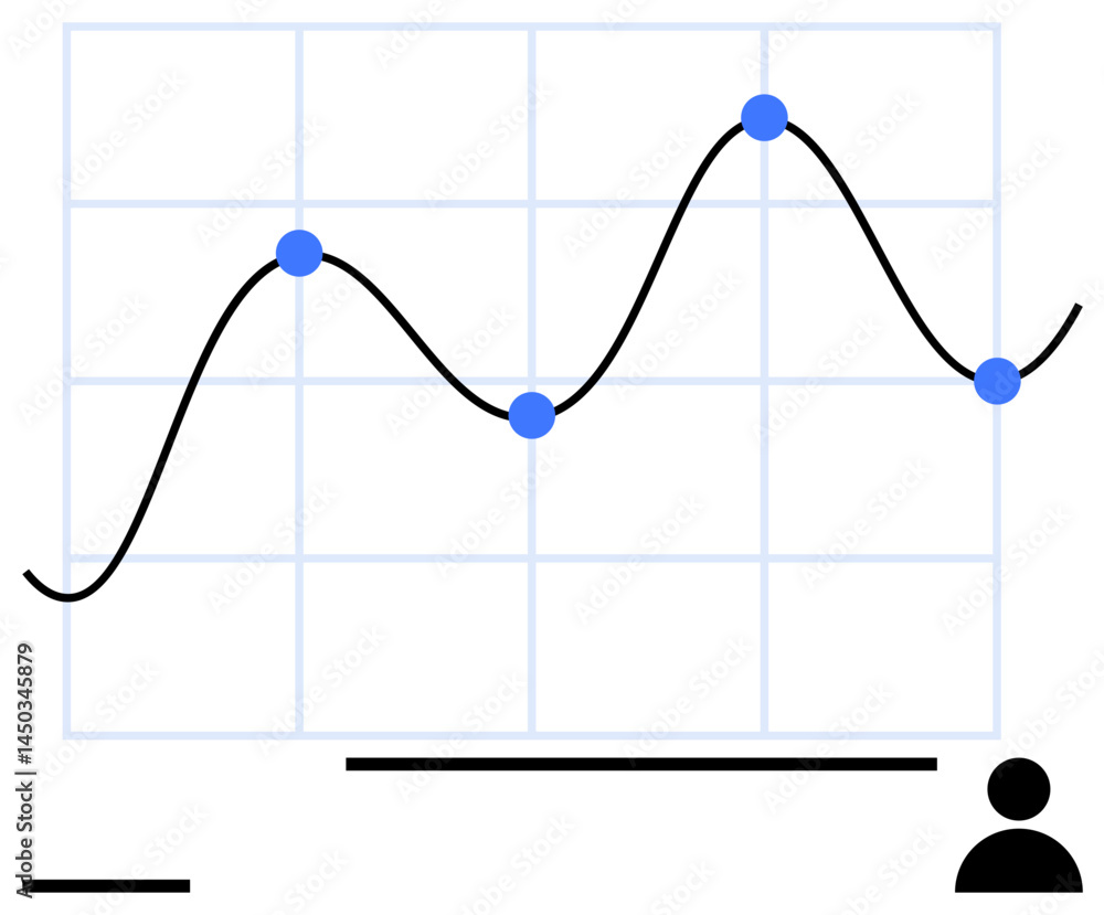 Aufkleber line graph with blue points representing data values, grid in background, and small human figure. id