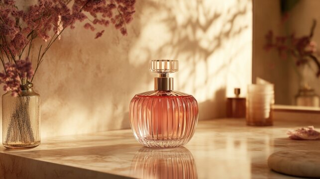 Elegant perfume bottle on a marble vanity.