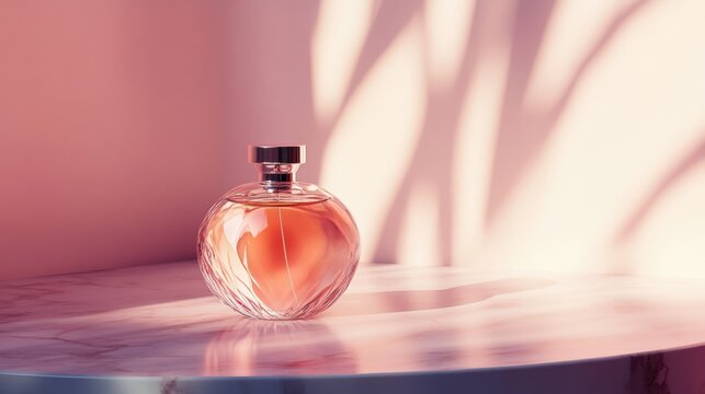 A delicate perfume bottle, bathed in soft sunlight.
