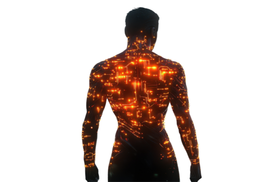 A humanoid AI with glowing, circuit-like tattoos across its body, standing in a modern city. isolated on white background