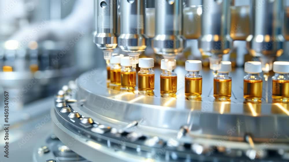Poster a close-up shot showcases a pharmaceutical production line. vials filled with liquid sit on a rotati