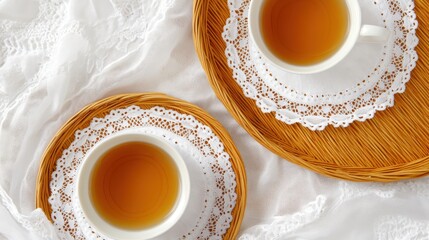 Two delicate teacups on a light wooden tray.