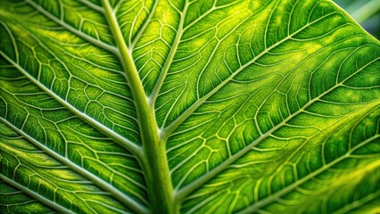 Obraz premium Macro shot of a large, healthy green leaf with prominent veins and ridges, set against a blurred background, emphasizing the subject's texture and structure , macro, foliage