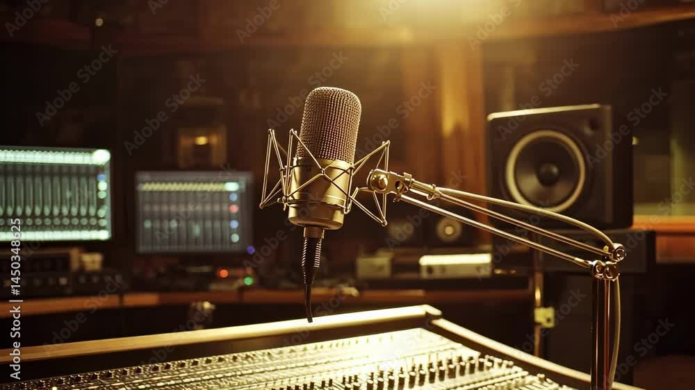 Aufkleber Professional condenser microphone positioned near audio mixing console, capturing studio recording environment with digital workstation in background
