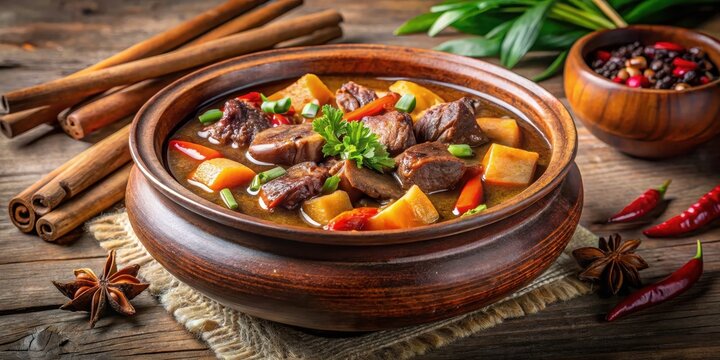 Hearty Chinese beef mutton stew cooked in a traditional clay pot with vegetables and spices , comforting , stew