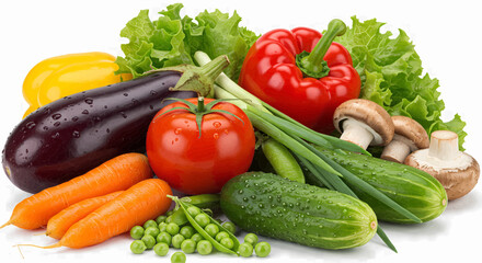 A pile of assorted fresh vegetables appears on a transparent white background without any side shadows. Vector Illustration