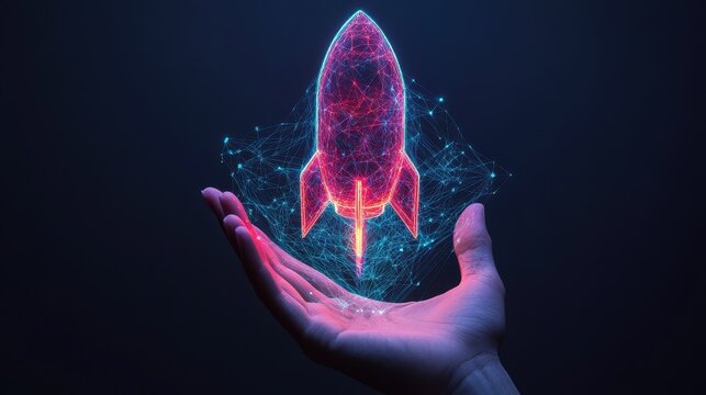 A futuristic rocket hovering above a human hand.