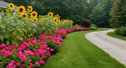 Obraz premium Scenic Driveway Adorned With Sunflowers And Vibrant Pink Flowers On Lush Green Lawn