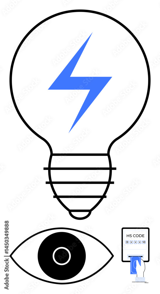 Poster lightbulb with blue lightning bolt, eye symbol below, and digital document with hs code. ideal for i