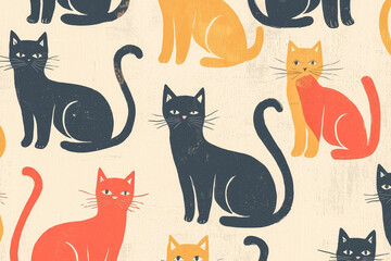 Retro-style wallpaper featuring a soft texture and low-contrast miniature cat illustrations throughout
