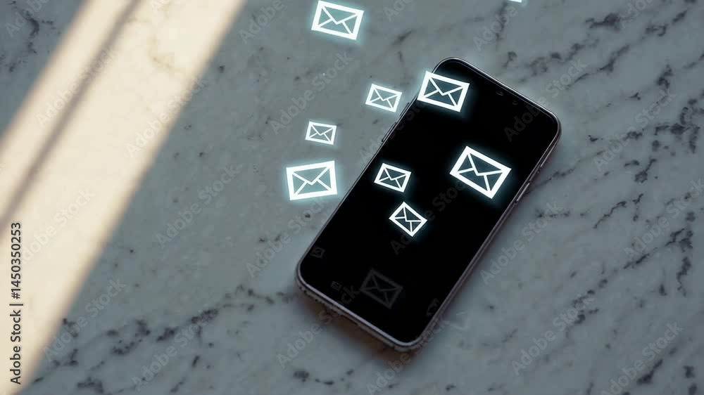 Poster Many email message icons floating above a smartphone placed on a marble table, under a window light beam, representing receiving many emails, messages, or notifications
