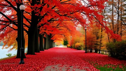 Beautiful autumn avenue lined with trees displaying vibrant red and orange foliage, the path covered with fallen leaves beside a lake.
