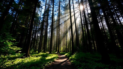 Obraz premium Peaceful forest path winding through tall trees with beautiful sunbeams filtering through the canopy creating dramatic light rays. 