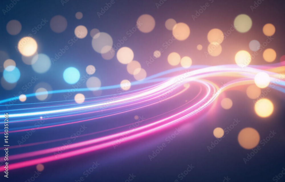 Poster vibrant light trails flow through a dark background with glowing bokeh circles, creating an abstract