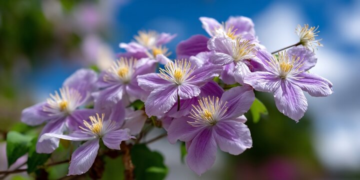 Lavender clematis cascade under azure sky