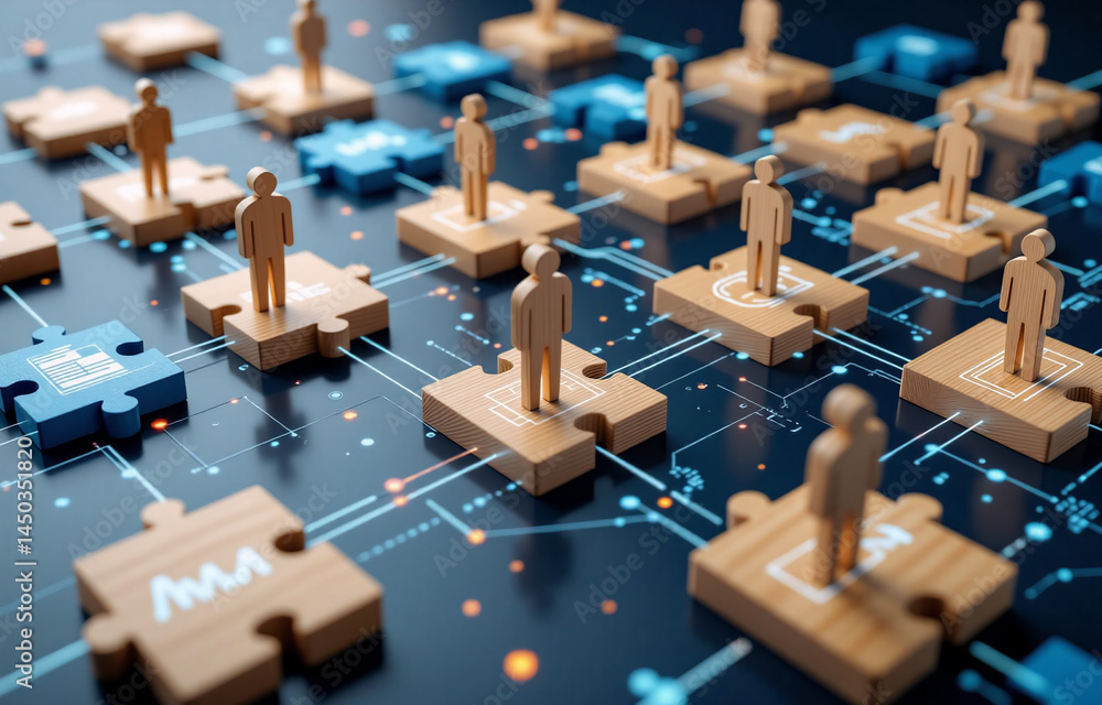 Aufkleber wooden figures stand on interconnected puzzle pieces, representing a network or team. abstract circu