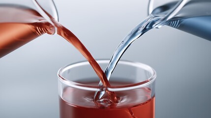 Pouring Liquid Mixtures from Glass Beakers into Transparent Glass Cup in Scientific Experiment Setting