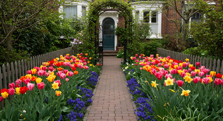 Tulip Garden Path Leads to Inviting Home Entrance in Springtime