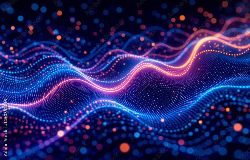 Poster abstract image of flowing, luminous waves. glowing particles form undulating lines of blue and orang