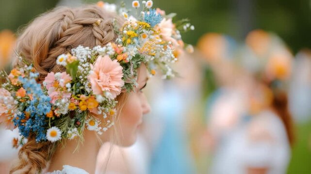 Young woman with braided hair adorned with a vibrant flower crown.
