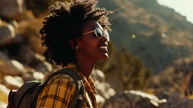 A young black woman happy smile with backpack in mountains
