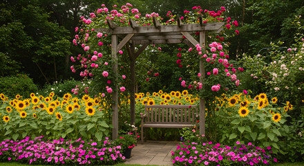 Sunlit Sanctuary Bench Under Rose Covered Pergola in Abundant Flower Garden