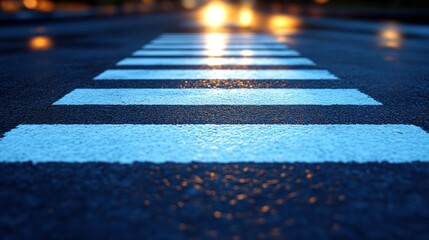 Pedestrian crossing on wet asphalt road with blurry lights in the background.