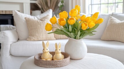 Springtime decorations on a light-colored coffee table.