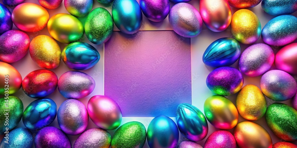 Poster a colorful array of shimmering easter eggs surround a purple background for a festive spring celebra