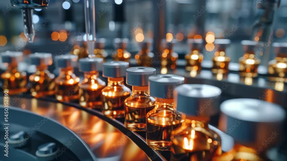Leinwandbilder automated filling of vials with amber liquid on a production line. modern pharmaceutical manufacturi