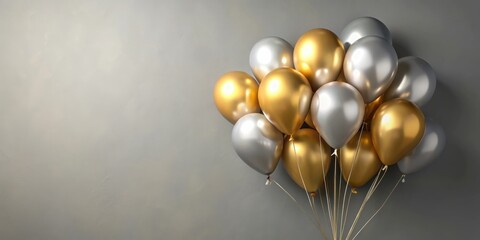 A cluster of gold and silver balloons against a simple grey background, ready to celebrate a special occasion.