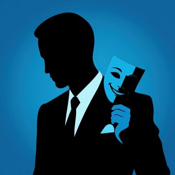 Silhouette of a man in a suit holding a two-faced mask, symbolizing duality and deception