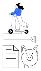 Woman riding an electric scooter symbolizes eco-friendly transport. Plug signifies energy, paper implies documentation, and piggy bank highlights savings. Ideal for sustainability, finance, energy