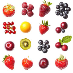 Colorful assortment of fresh, top-view fruits.  Includes strawberries, raspberries, blueberries, cherries, red currants, kiwi, and plums.  Vibrant, healthy, and nutritious
