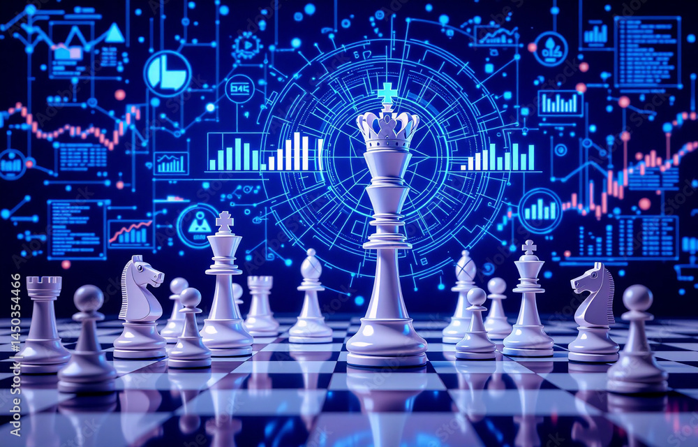 Poster chess pieces on a board with a futuristic digital background showing data charts and patterns. repre