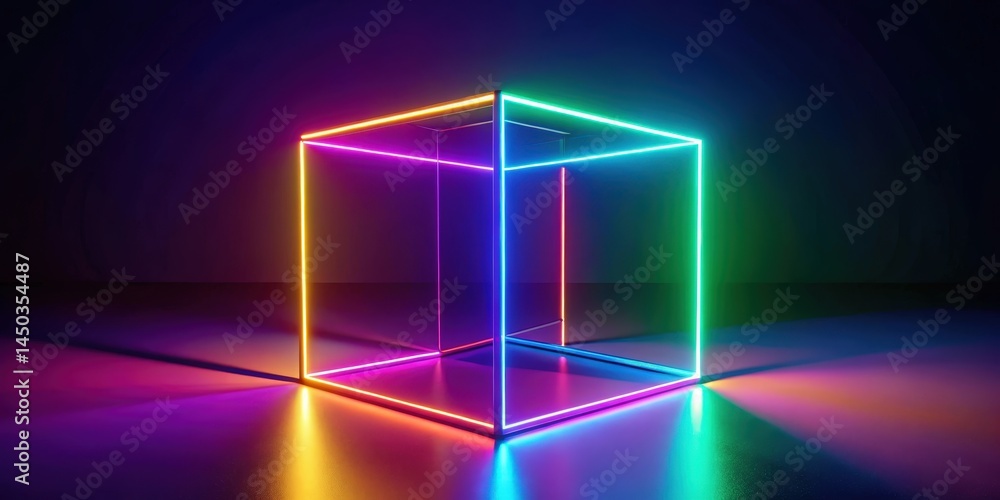 Fototapete a vibrant cube formed by intersecting neon lines casts a playful glow on the reflective floor
