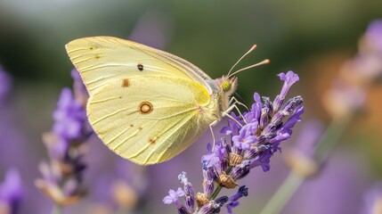 Naklejka premium Pale yellow butterfly rests delicately on lavender blossoms.