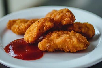 Crispy chicken nuggets served with tangy dipping sauce on a white plate