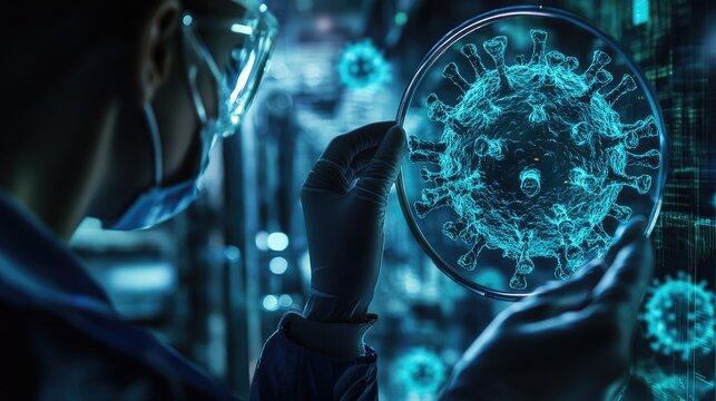A researcher examines a digital representation of a virus under a laboratory microscope.