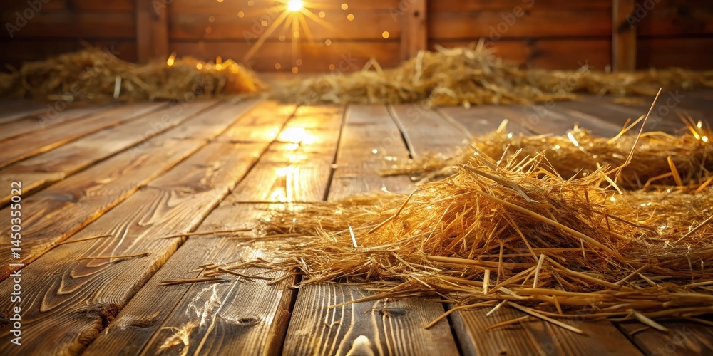 Poster a golden glow illuminates a rustic wooden floor with scattered hay, creating a warm and inviting atm
