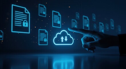 A hand interacts with a digital cloud storage icon surrounded by secure document icons in a futuristic interface.