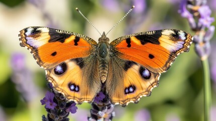 Obraz premium Vibrant butterfly perched on lavender blossoms.