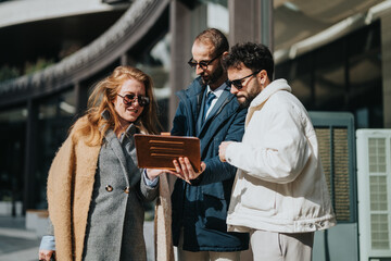 Three colleagues discuss work using a digital tablet. The scene is set outdoors during a sunny day, depicting professional collaboration and teamwork.