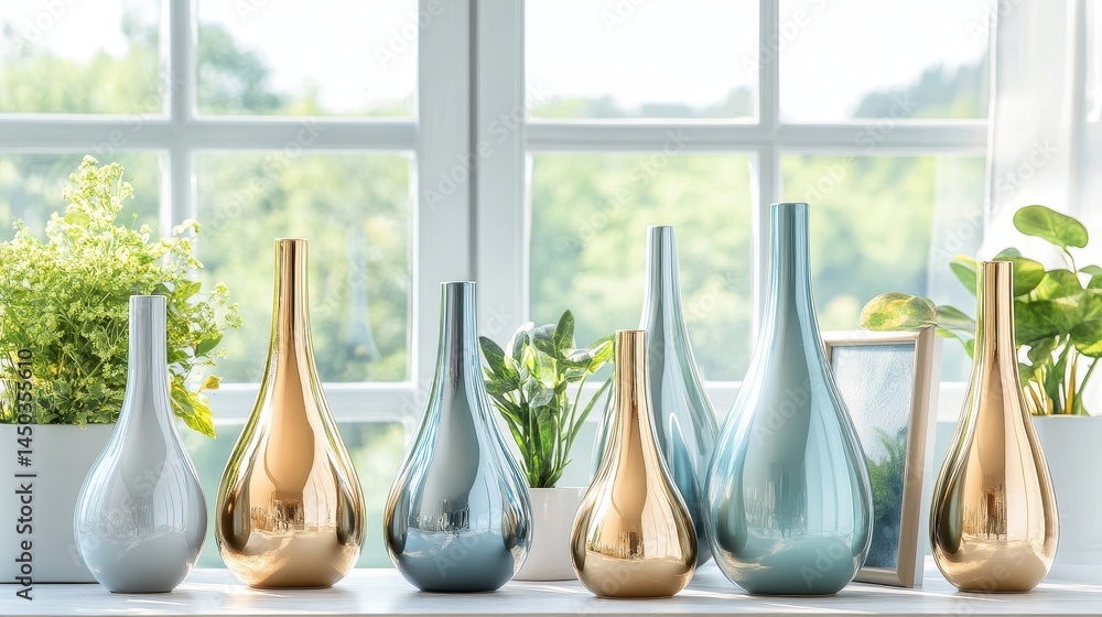 Poster decorative vases in various hues displayed by a window.