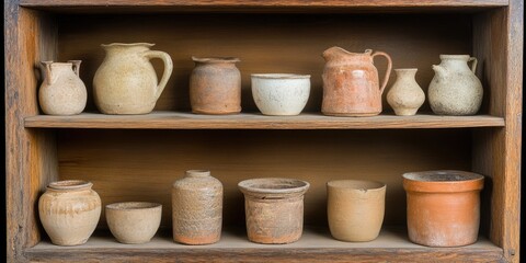 Wooden cabinet shelves displaying various pottery items