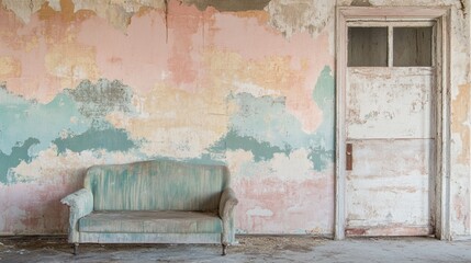 Aged couch in a faded, peeling interior room.