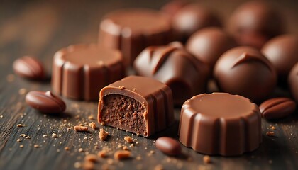 Chocolate candies and sweets on dark wood, warmly lit, emphasizing textures and colors, suggesting indulgence, created with generative ai