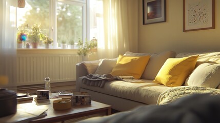 Fototapeta premium Cozy living room bathed in natural sunlight.