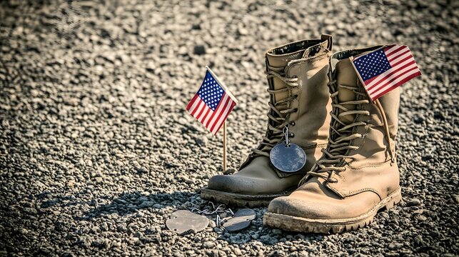 Military tribute with boots and American flag for patriotic remembrance events